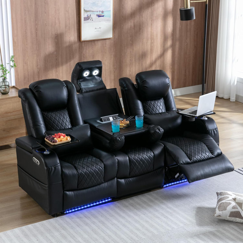Ivy Bronx Home Theater Seating Seats Movie Theater Chairs Theater Recliner With 7 Colors Ambient Lighting Lumbar Pillow Touch Reading Lights Tray Table black Row Of 3 Wayfair